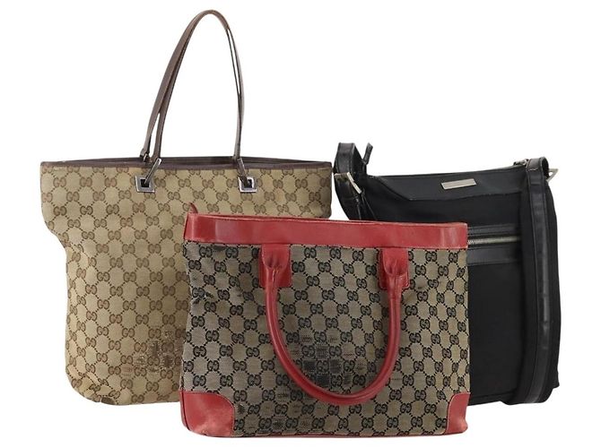 Borsa a Spalla GG Canvas Gucci Nylon 3 Pezzi Beige Nero Auth ti3900