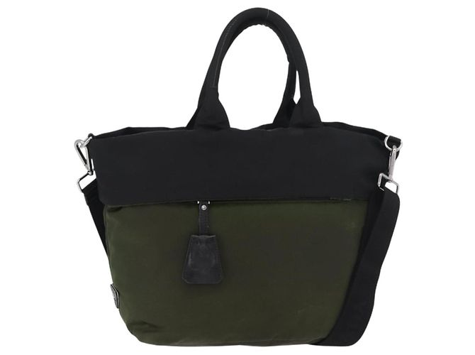PRADA Borsa a mano in nylon 2 vie verde argento nero Auth ka4229A