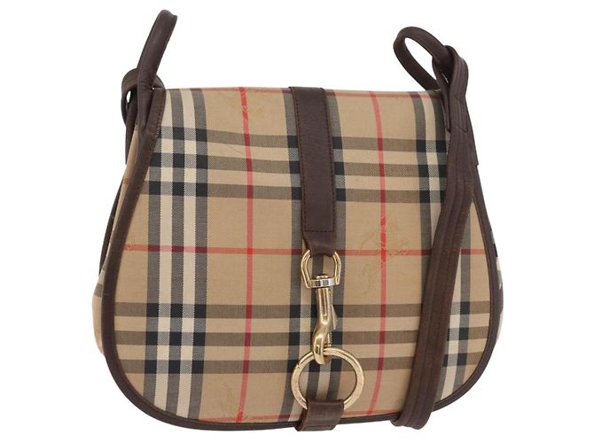 Bolsa de Ombro Burberrys Nova Check em Lona e Couro Bege Dourado Auth bs34544