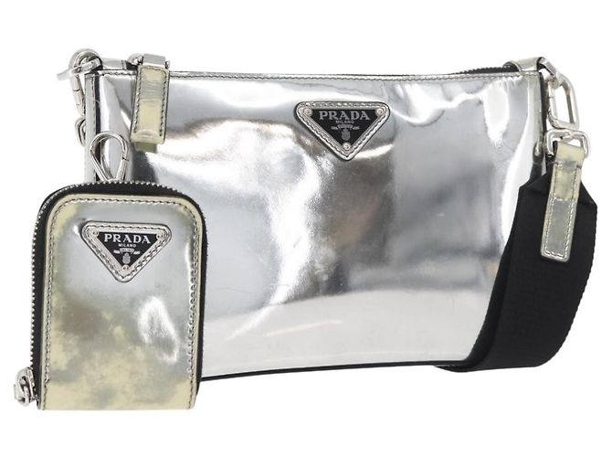 PRADA Schultertasche Lackleder Silber Auth 177333A