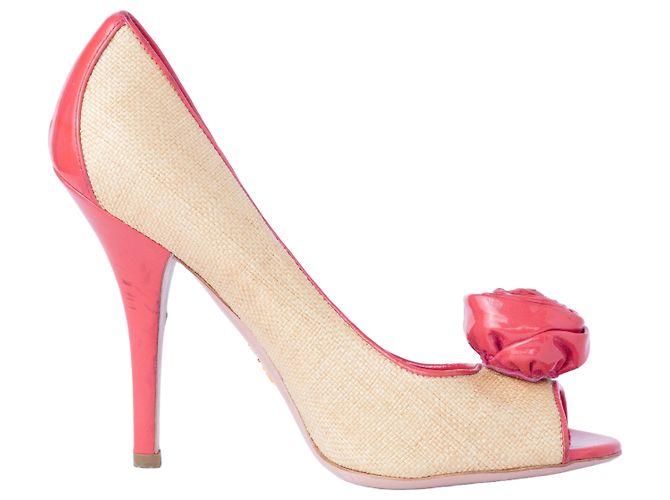 Prada Raffia & Patent Leather Peep-Toe Pumps Beige