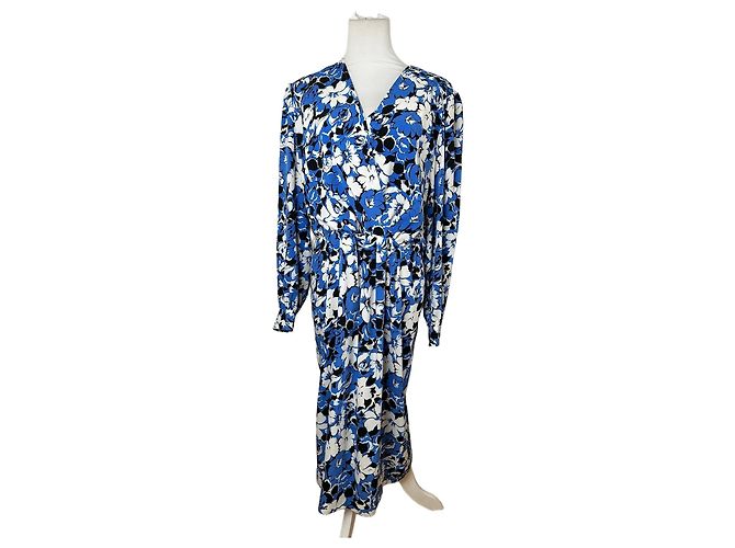Vintage Givenchy Blumenmuster Seiden-Midikleid Blau