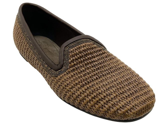 Sapatilhas de ráfia trançada marrons Brunello Cucinelli com Monili