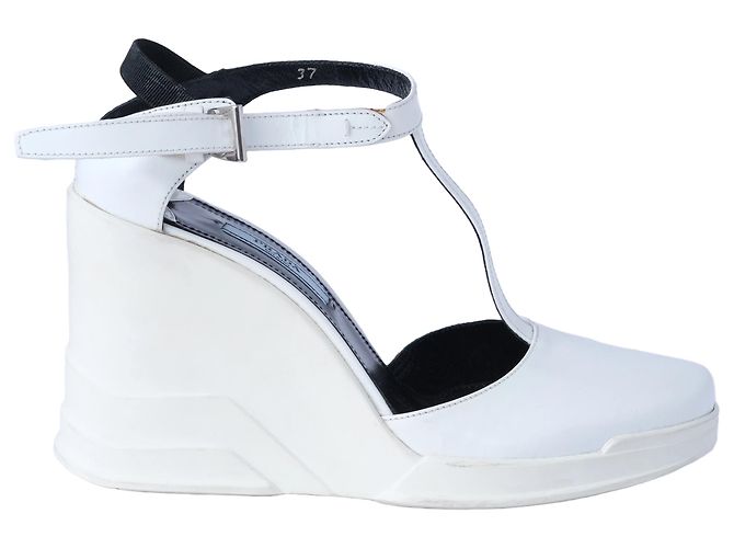 Prada White Leather T-Strap Platform Wedge Sandals