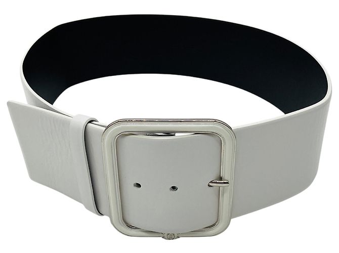 Cinto largo de couro genuíno Chanel 2019 branco / prata com logo CC