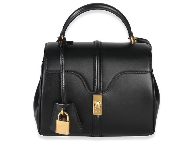 Céline Celine Mini 16 Top Handle Bag em pele de vitelo acetinada preta Preto