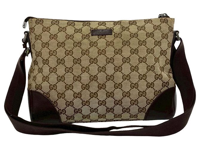 Bolsa de Ombro em Lona GG e Couro Gucci Marrom