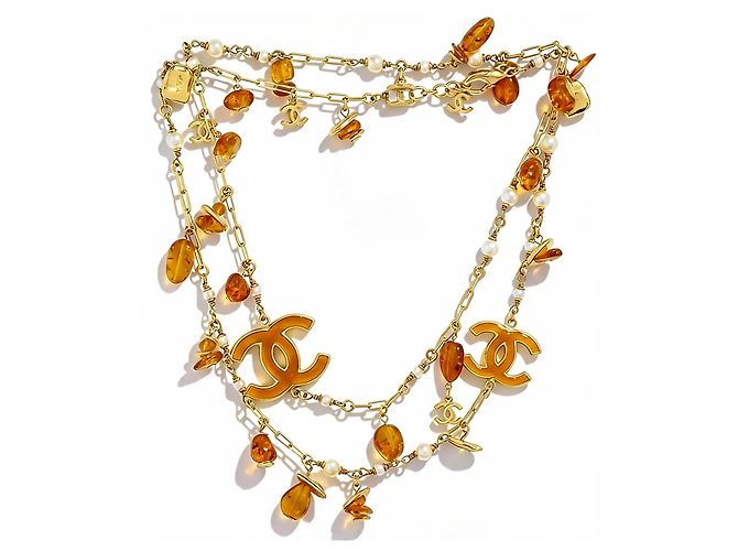 Chanel 11C Runway Colar Sautoir Âmbar e Pérolas Bege Dourado Laranja