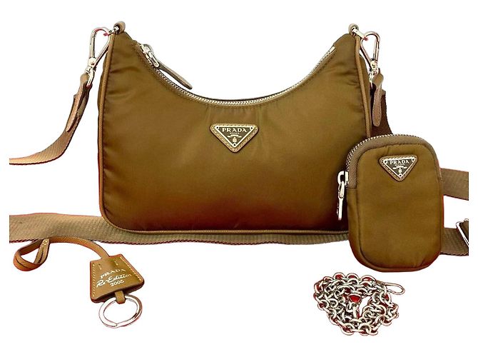 Bolsa de Ombro 2 em 1 em Couro Saffiano Nylon Prada Marrom