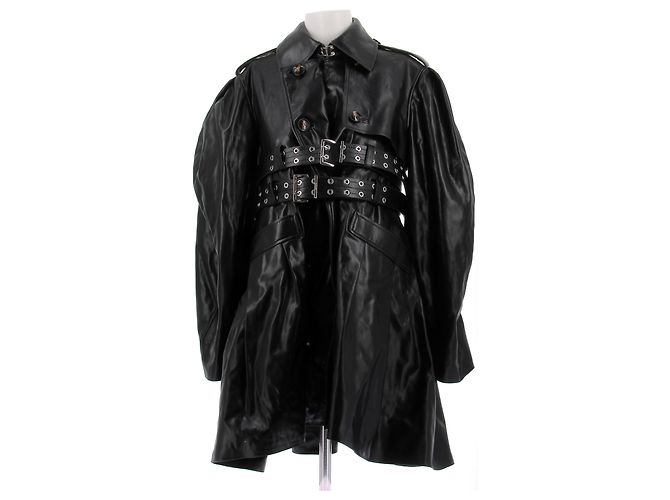 Ganni Schwarzer Trenchcoat aus recyceltem Leder mit Basque