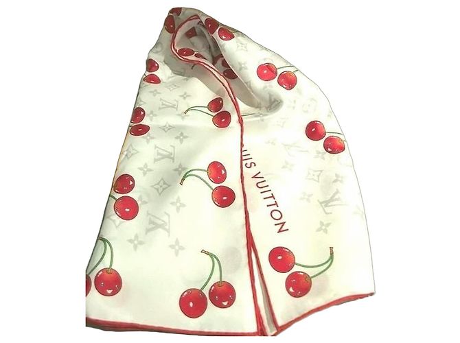 Louis Vuitton x Takashi Murakami Monogram Cherry Seidentuch Quadrat Aus weiß