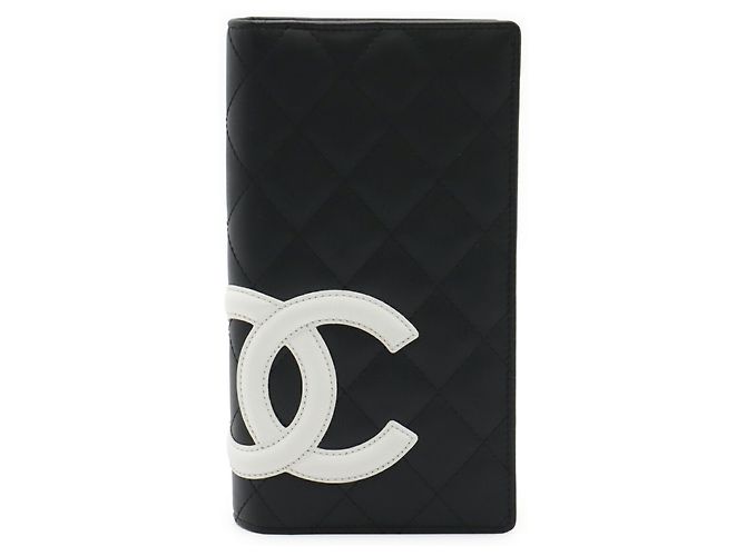CHANEL Cartera Larga Bi-fold de Cuero Cambon con Marca Coco Negro Rosa Blanco