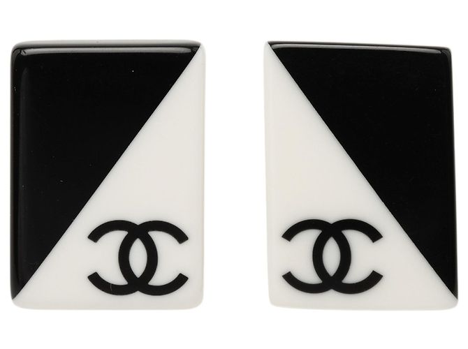 Chanel Black CC Bicolor Acrylic Rectangular Clip On Earrings