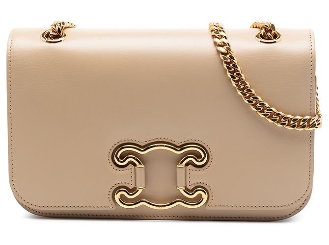 Céline Celine Bolsa Crossbody Triomphe em Couro de Bezerro Bege Médio