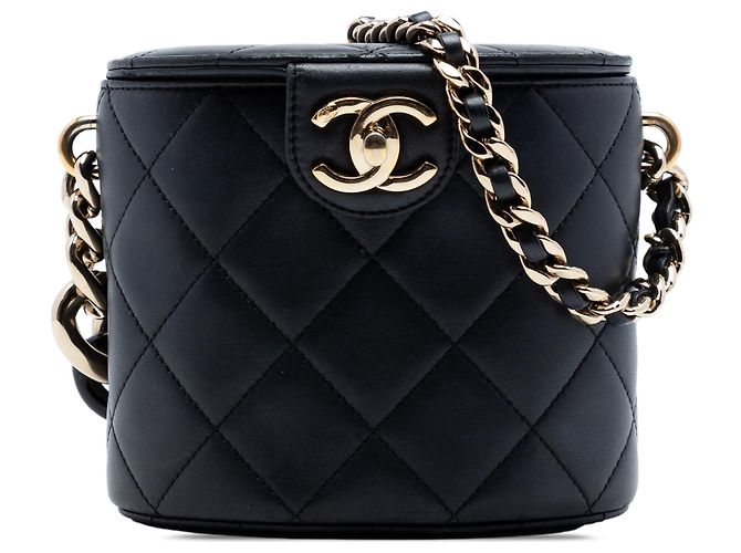 Vanity Chanel Preto CC Couro de Corde Elegante Estojo de Maquiagem