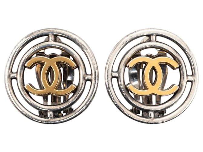 Chanel Silber CC Messing Runde Clip Ohrringe