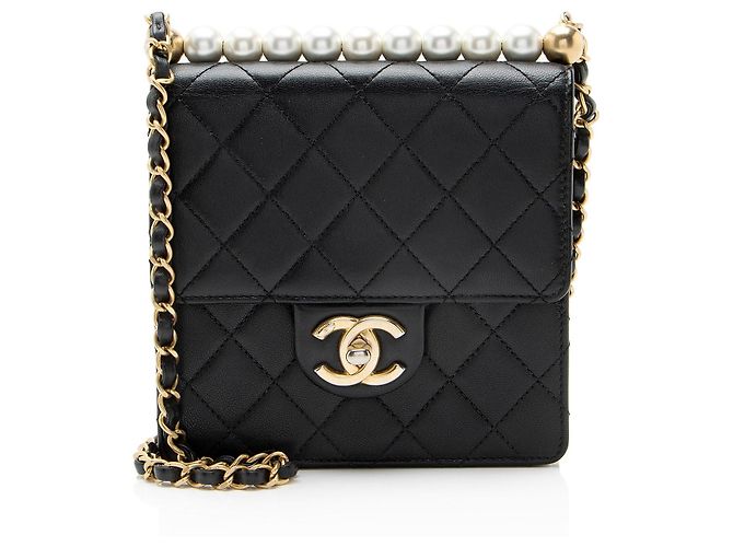 Gabrielle Borsa a tracolla verticale piccola in pelle di agnello chic con perle Chanel Nero