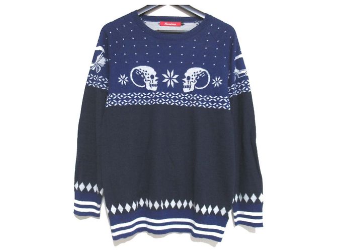 Autre Marque Russeluno Skull Nordic Strickpullover Blau Marineblau