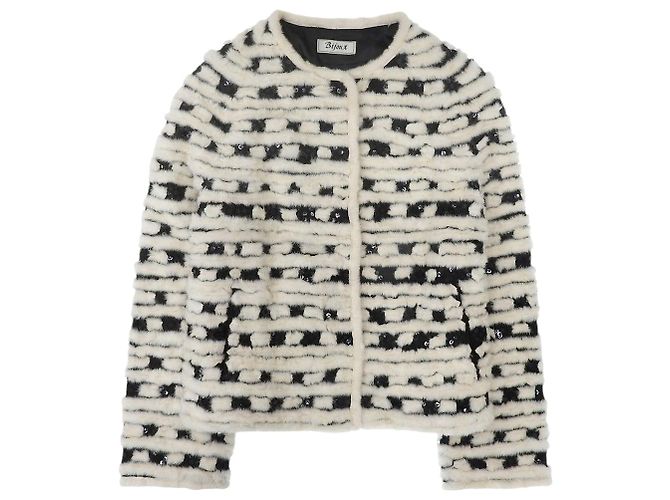 Autre Marque Mink-Jacke mit Perlen Schwarz Weiß