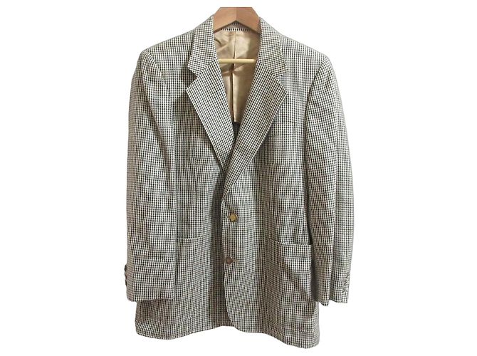 Burberrys Houndstooth Wool Silk Tailored Jacket Brown Green Eggshell Navy blue