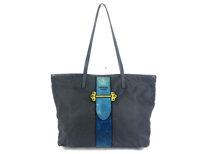 Prada Caye Trompe-l'oeil Belt Logo Stripe Shoulder Tote Black Blue
