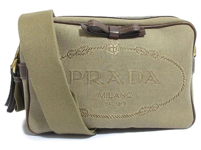 Prada Logo Jacquard Canvas Shoulder Bag Beige