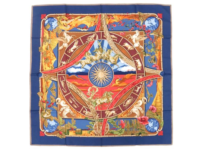 Lenço de seda Hermès Carre 90 - Rythmes du Monde Marrom Vermelho Azul