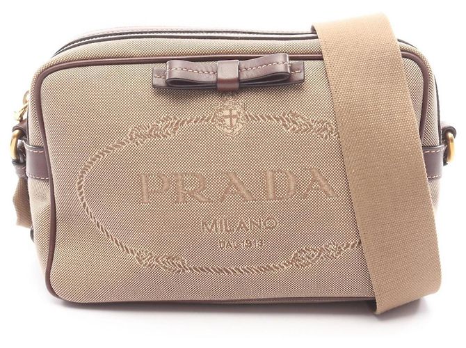 Bolsa de Ombro em Jacquard com Logo Prada Marrom Bege