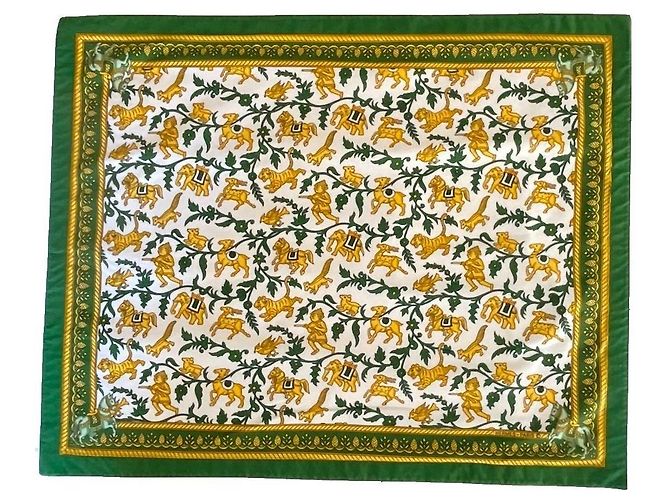 Hermès Conjunto de Mesa 'Caça na Índia' em Algodão com Caixa e Sacola Branco Dourado Verde Amarelo Verde escuro 