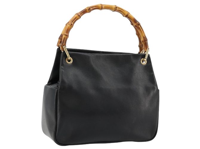 Bolso de mano de cuero Gucci Bamboo negro y dorado Auth 177513