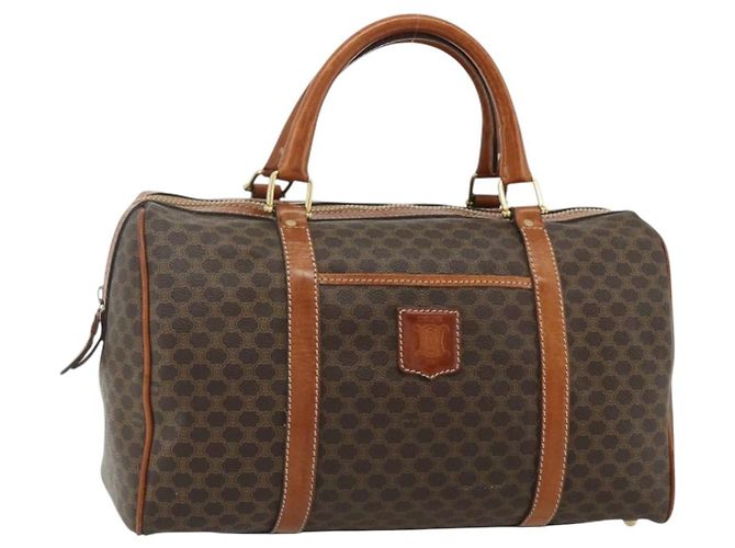Céline Bolsa de mão em lona Macadam CELINE em couro PVC marrom e dourado Auth ka4217