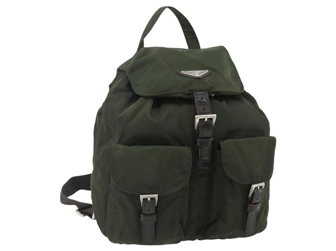 PRADA Backpack Nylon Khaki Silver Auth bs34477 Silvery