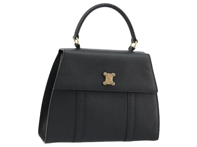 Céline Bolsa de mão CELINE em couro preto e dourado Auth 177844