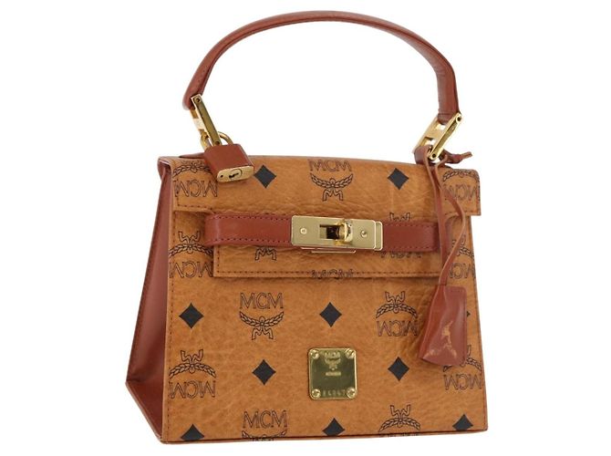 MCM Vicetos Logogram Sac à Main PVC Cuir Marron Or Auth 177665A Doré
