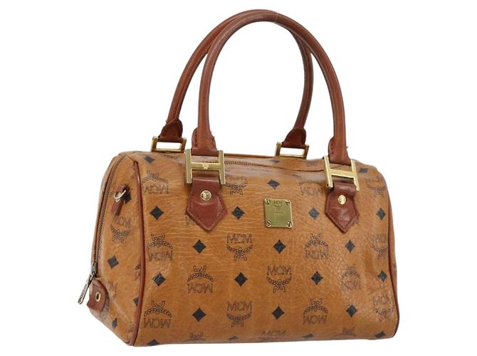 MCM Vicetos Logogram Bolsa de Mão em Couro PVC Marrom Dourado Auth BA12357A
