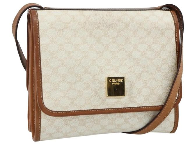 Céline Bolsa de ombro em lona Macadam CELINE em couro PVC branco e dourado Auth 177197