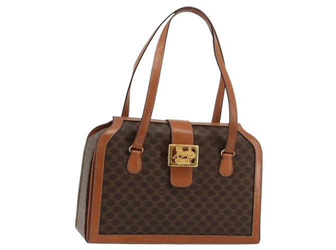 Céline Bolsa de mão em lona Macadam CELINE em couro PVC marrom dourado Auth 178576A