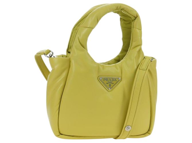 PRADA Bolso de Mano de Cuero 2 en 1 Amarillo Plata Auth 177165SAM