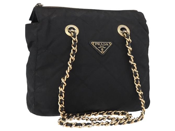 Borsa a Spalla con Catena PRADA in Nylon Nero e Oro Auth bs34842 D'oro