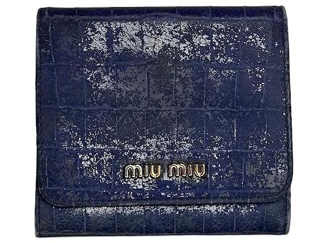 Carteira compacta vintage Miu Miu em couro croco azul