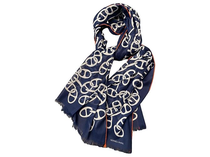 Chaîne d'ancre Bufanda Hermès Naoussa Mégalo de algodón Blanco Azul 