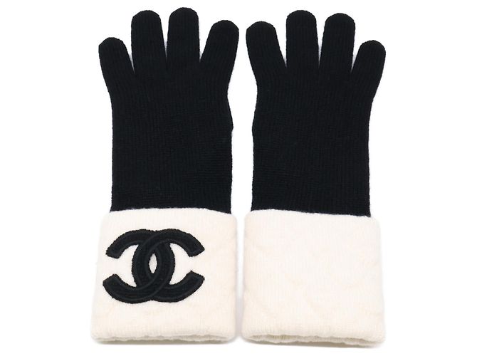 CHANEL Coco Mark Kaschmirstrickhandschuhe Schwarz Weiß
