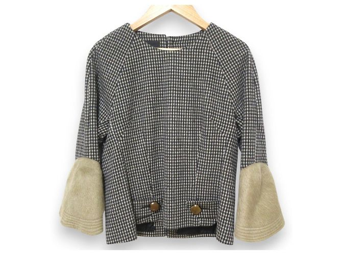 Autre Marque HAUTE Woll-Kaninchenfell-Karo-Strickpullover Schwarz Weiß Beige