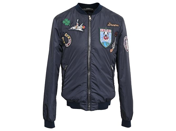 Giacca bomber con zip e patch Dolce & Gabbana in poliammide blu navy