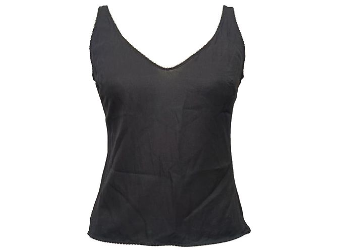 Regata Chanel com decote em V e acabamento em renda em viscose preta Preto