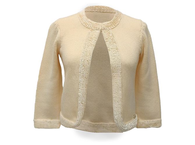 Chanel Strickjacke aus cremefarbener Wolle mit Paillettenbesatz Weiß Roh