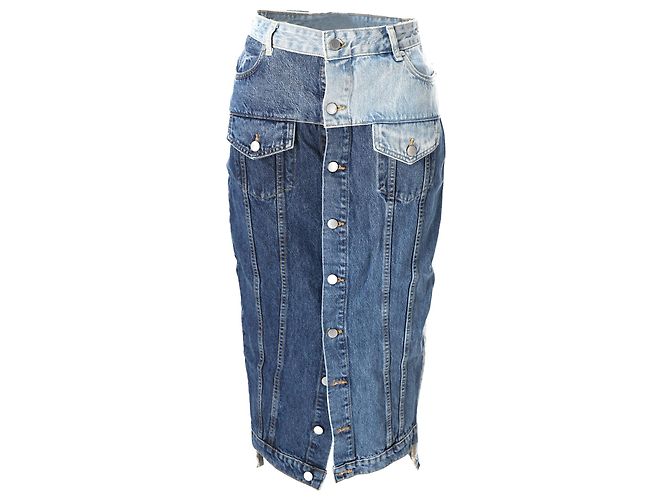 Red Valentino Midi-Rock aus hellblauem Denim mit Fransen-Patchwork