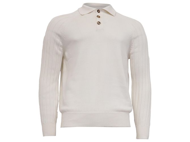Brunello Cucinelli Strick-Polo-Pullover mit langen Ärmeln aus weißer Baumwolle Roh