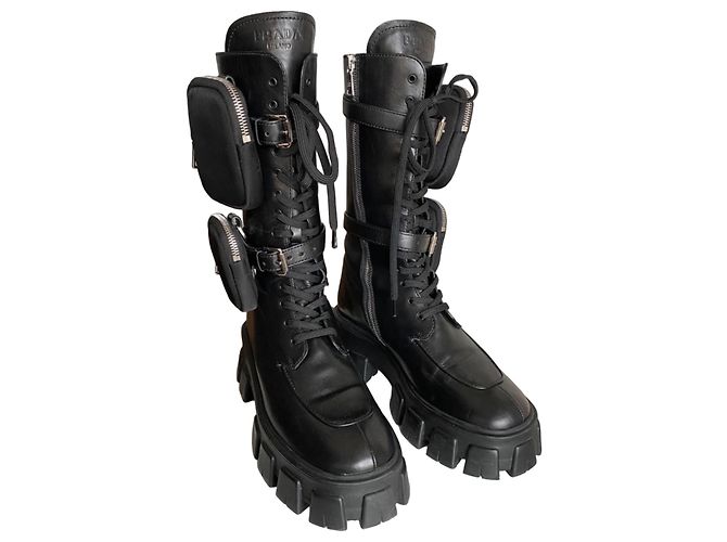 Prada Monolith Leather Combat Boots Black