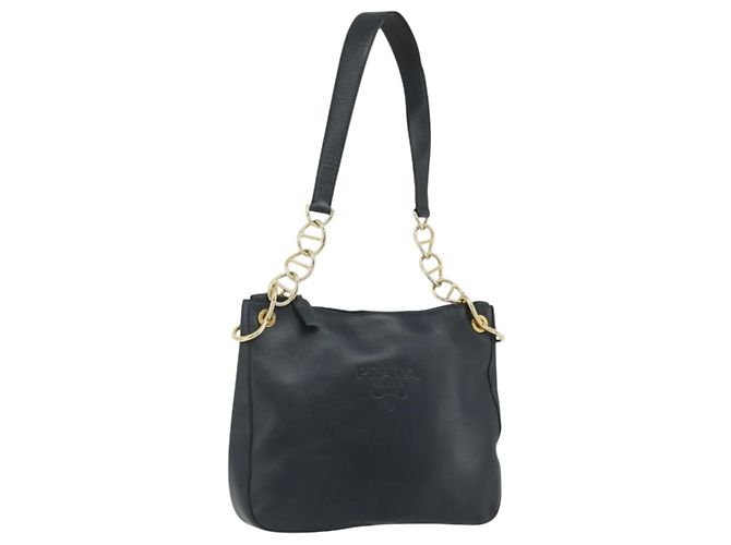 Bolsa de Ombro com Corrente PRADA em Couro Azul Marinho e Ouro Auth 177855A Dourado